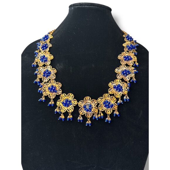 Vintage Miriam Haskell Filigree Floral Necklace Blue Glass Beads 1930s Pre-war - Picture 5 of 16
